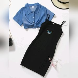 SHEIN Girls Button Shirt & Butterfly Embroidery Cami Dress
